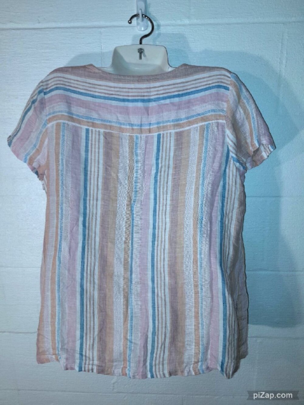 C&C California 100% Linen Pastel Striped Short Sleeve Blouse Top Pleated Women L - Picture 6 of 7